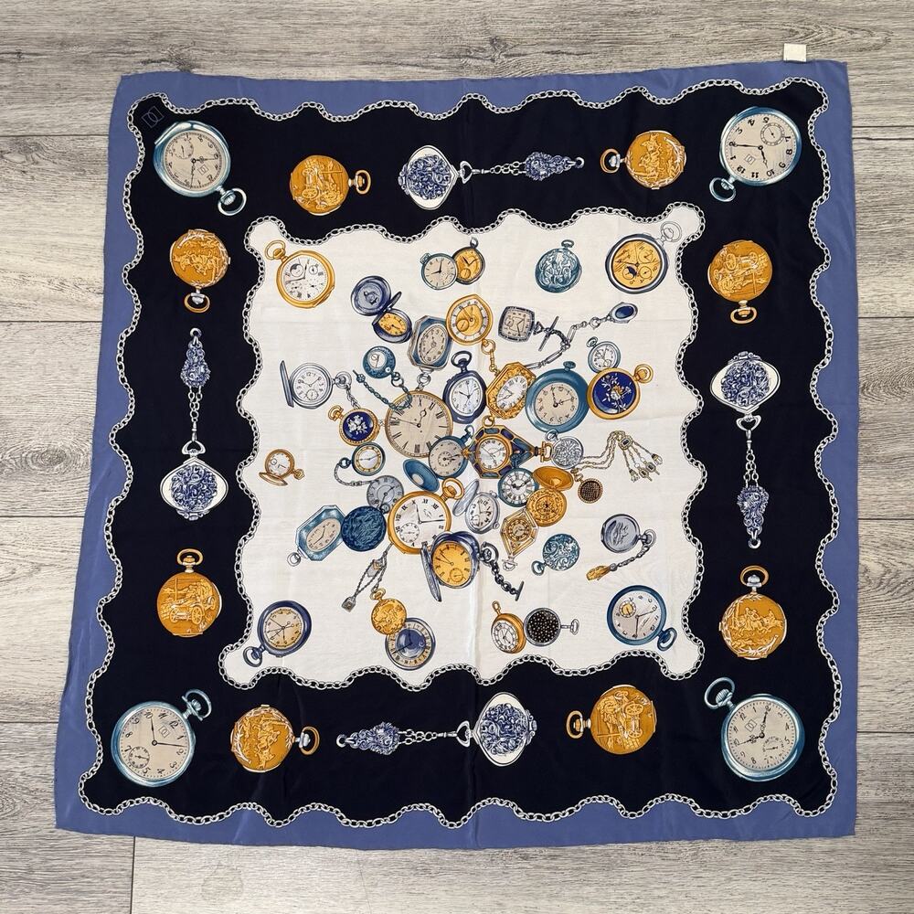 Liz Claiborne Silk Scarf Pocket Watch Print Navy Gold Blue Classic Old Money - Picture 2 of 5